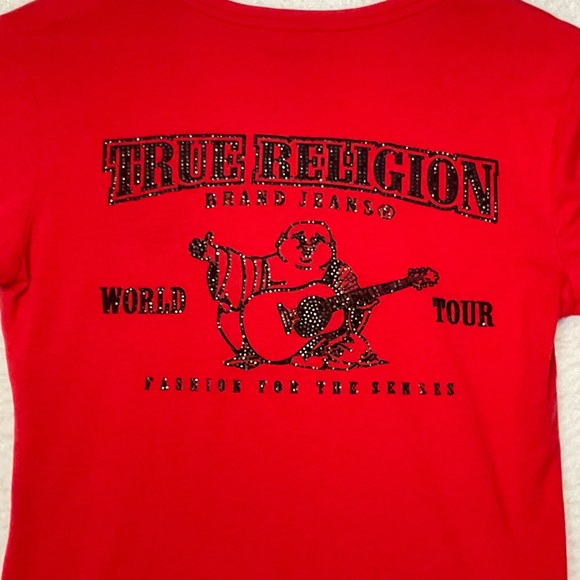 TRUE RELIGION sz X Small Fitted Short Sleeve Tee World Tour Bling Red Black - Picture 8 of 8